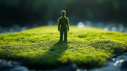 businessman's suit crafted from lush grass and moss symbolizes the fusion of nature and industry, sustainability, and eco-friendly business practices, blending modernity with green values