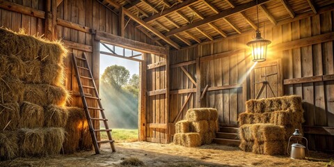 A rustic barn interior with a wooden ladder, hay bales, a hanging lantern, and a glimpse of a sunlit meadow through an open doorway.