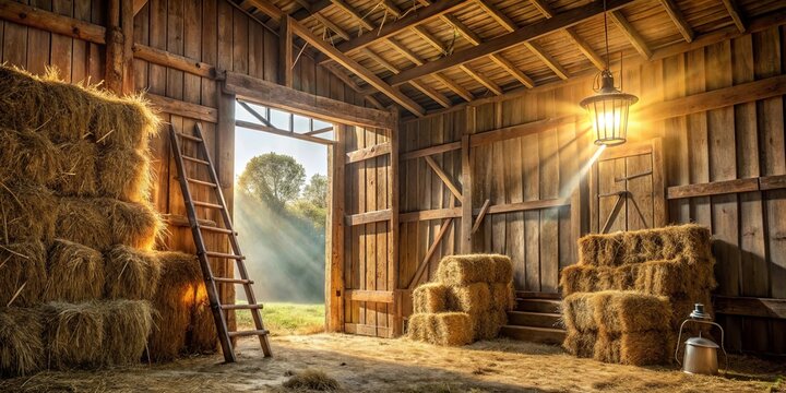 A rustic barn interior with a wooden ladder, hay bales, a hanging lantern, and a glimpse of a sunlit meadow through an open doorway.