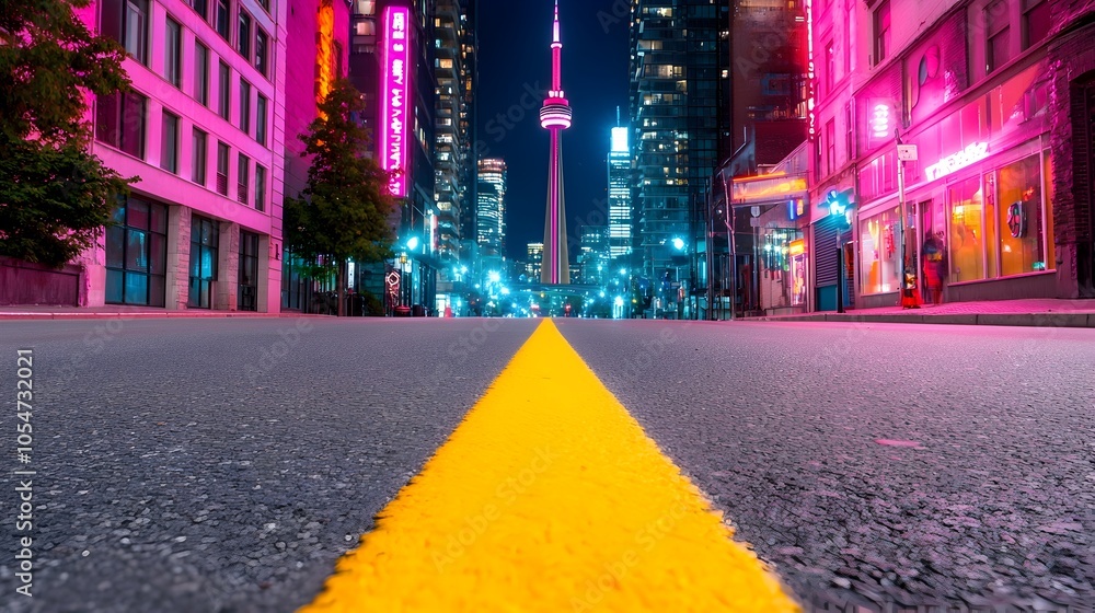 Poster stunning nighttime cityscape with neon illuminated high rise buildings glowing windows and a lively 