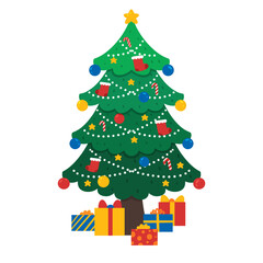 Christmas tree with a star on top and pair of red stockings and christmas gift on under tree