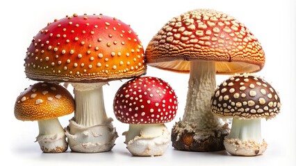 Obraz premium A cluster of vibrant fungi with red, orange, and brown caps, their spots resembling a celestial sky, showcasing the beauty of nature's diversity.