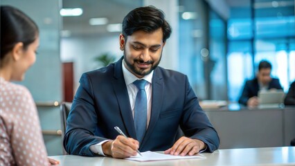 An Indian entrepreneur signing loan documents at a bank.

