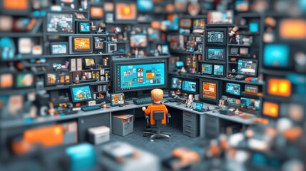 Obraz premium A vibrant workspace filled with multiple screens displaying various content, highlighting a tech-savvy environment and a focus on digital media.