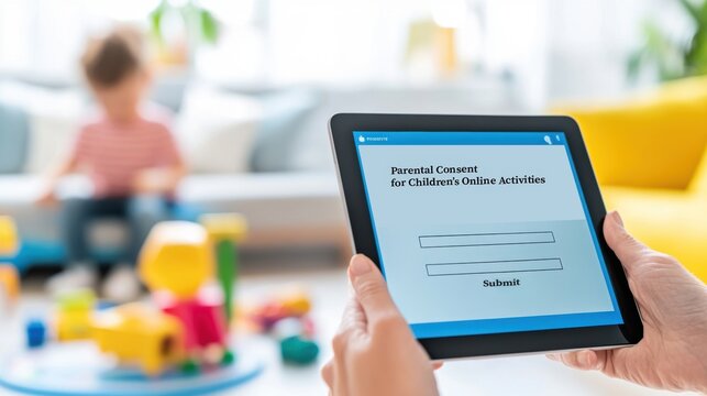 A child plays in the background while an adult uses a tablet displaying colorful educational content with toys nearby.