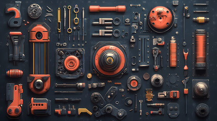 Fototapeta premium Assorted mechanical parts and tools arranged in a flat lay composition. Mech Suits. Illustration