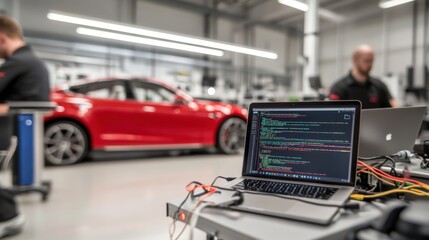 A modern workshop showcasing advanced automotive technology with a red car and a laptop displaying programming code.