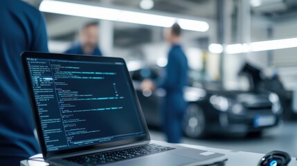 A technician works on a laptop in a garage, displaying code, with cars being serviced in the background.