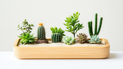 Tiny desert landscape in tray featuring various cacti and succulents, surrounded by sand, creating serene and vibrant display of greenery