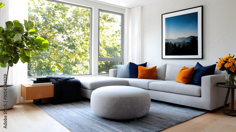 Poster bright and inviting contemporary living room setting featuring a round ottoman fresh floral arrangem