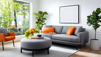 Bright and inviting contemporary living room design featuring a plush round ottoman fresh floral arrangement in a vase and an empty frame ready to display artwork