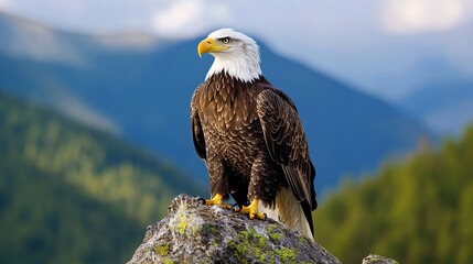 Obraz premium A majestic bald eagle perches on a rock, its keen eyes scanning the landscape.