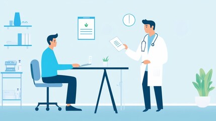 A doctor discusses results with a patient in a modern office setting, emphasizing healthcare and communication.