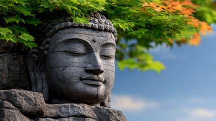 Obraz premium Serene Buddha Statue Closeup with Lush Green Foliage and Blue Sky