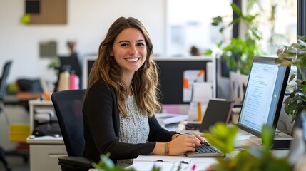 Positive nice woman working in the office. 