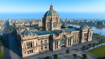 Naklejka premium Aerial View of Historic Building with Domes and River in the Background