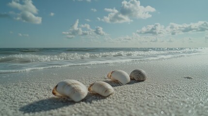 Four seashells lay in a line on a pristine white sandy beach as the ocean waves gently lap at the shore, with a bright blue sky above.