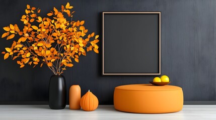 Cozy and Stylish Living Room Decor with Round Ottoman Fresh Floral Accents and Blank Frame for Mockup Poster or Art Print