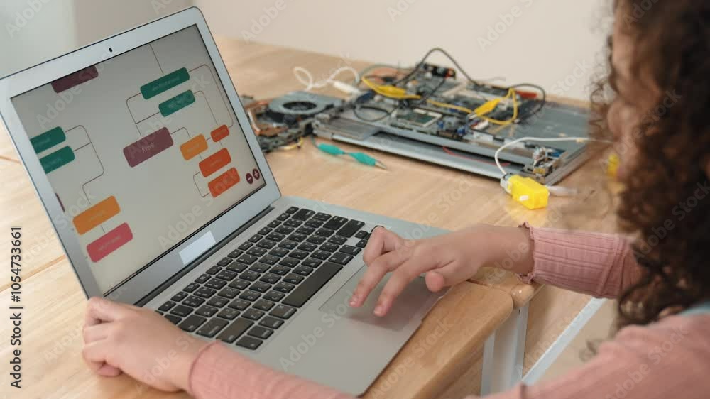 Poster back view of american girl coding engineering prompt while laptop screen display programing software