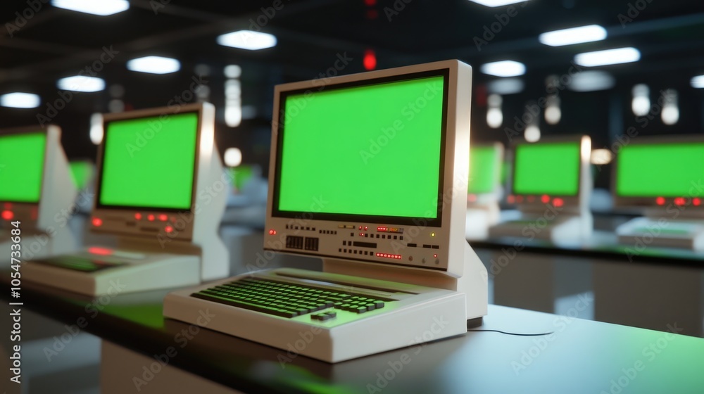 Poster retro computer lab with green screen monitors