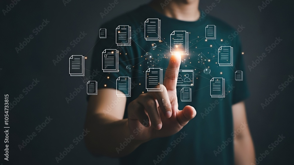 Poster person touching a digital interface with floating smartphone icons around the fingertip.