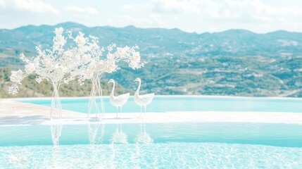 Two white swans stand by a pool with a mountainous view in the background.