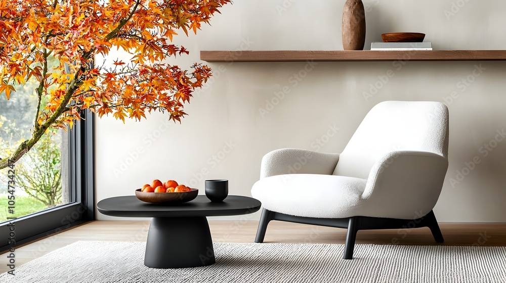 Poster elegant japandi inspired living room layout with a comfortable armchair black coffee table and woode