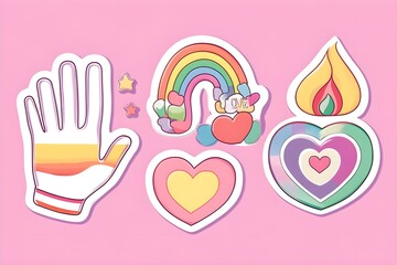 Obraz premium Happy Pride LGBTQ element set. LGBTQ community symbols with star, speech bubbles, flower, heart. Elements illustrated for pride month, bisexual, transgender, gender equality, sticker, rights concept.
