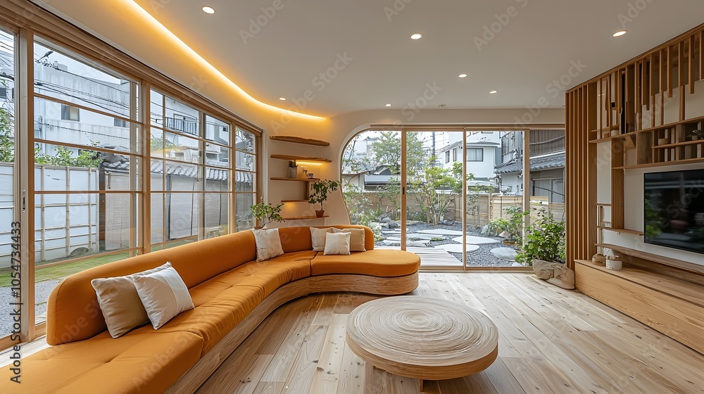 Poster Cozy and Inviting White toned TV Room Featuring a Vibrant Curved Sofa and Minimal Japanese inspired Decor Elements Creating a Modern Elegant Atmosphere