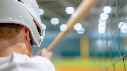 A player in a batting helmet prepares to swing a baseball bat indoors, with a blurred background highlighting a training facility.