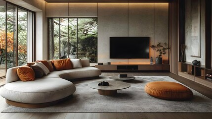 Sophisticated white toned living room with a vibrant curved sofa minimal Japanese inspired decor elements and an inviting atmosphere of modern elegance and style