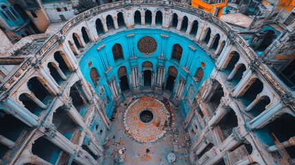 Aerial View of Abandoned Circular Building with Blue Walls and Arches
