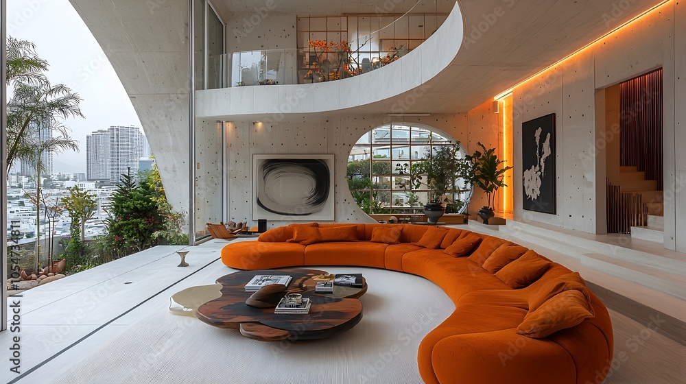 Poster spacious and inviting living room with white walls a curved sofa in bold colors and japanese inspire
