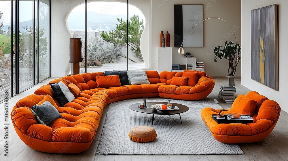 Aufkleber Spacious and Inviting Living Room with Bold Colored Curved Sofa and Elegant Japanese Decor Elements Creating a Serene Yet Vibrant Ambiance