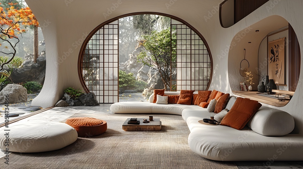 Aufkleber Bright and minimalist white living room with a curved sofa featuring a blend of modern and Japanese inspired decor elements that create a serene and tranquil atmosphere