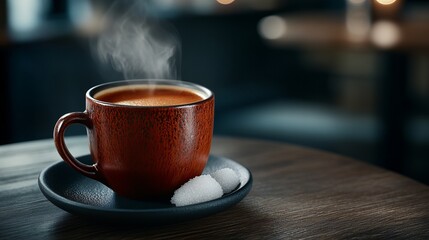 Fototapeta premium A steaming cup of coffee sits on a wooden table, ready to be enjoyed.