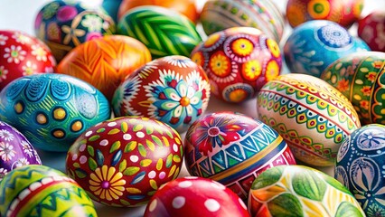 A vibrant collection of intricately painted Easter eggs, each showcasing a unique design, a testament to the artistic expression of celebration.
