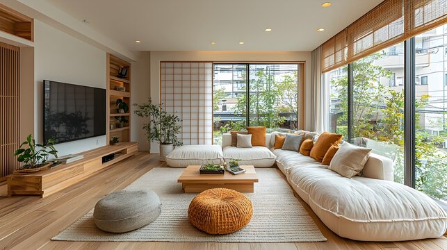 Bright and airy living room with a lively curved sofa and Japanese style decor offering a unique blend of color and tranquility for a cozy and serene living experience