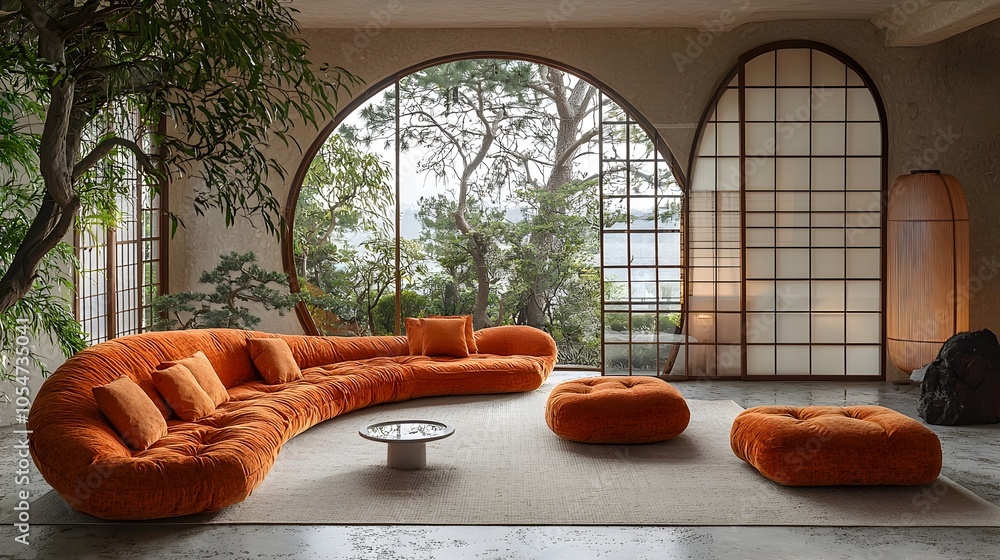 Poster Bright and Tranquil Japanese Inspired Minimalist Living Room with Curved Sofa and Glass Windows Creating a Serene and Harmonious Space