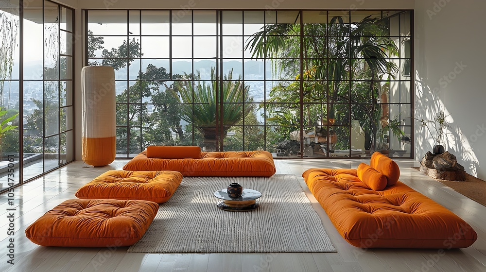 Aufkleber Tranquil Modern Living Room with Bright Open Spaces and Balanced Japanese Inspired Decor A clean minimalist space featuring large glass windows a comfortable curved sofa