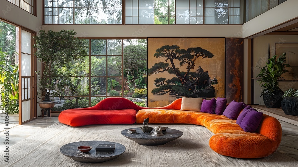 Aufkleber Elegant and Tranquil Japanese Inspired Living Room with Clean White Tones Colorful Curved Sofa and Large Glass Windows for a Balanced and Inviting Atmosphere