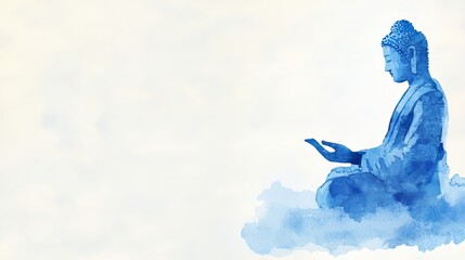 Watercolor illustration of Buddha meditating on a cloud, with copy space.