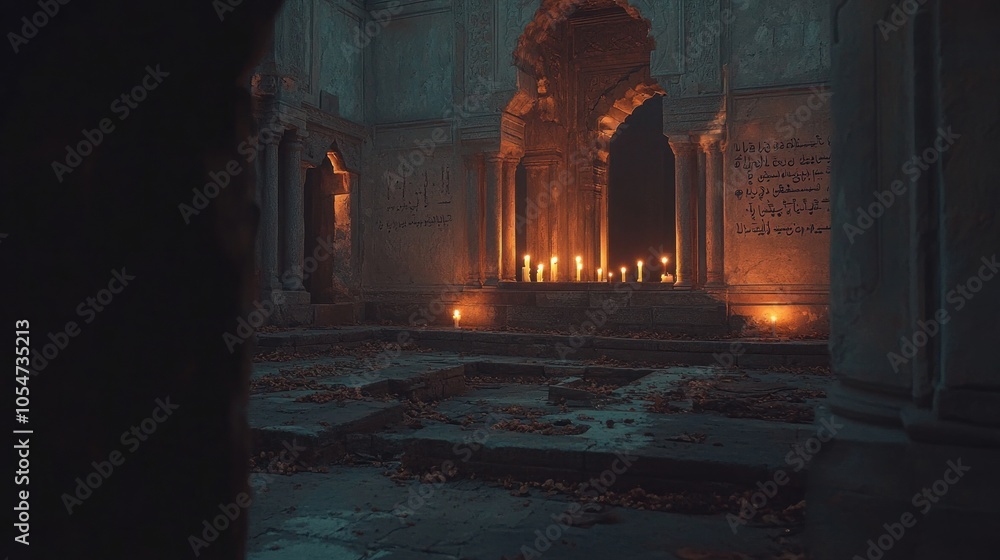 Poster a view through an archway into a dark, ancient building with candles lit on the floor.