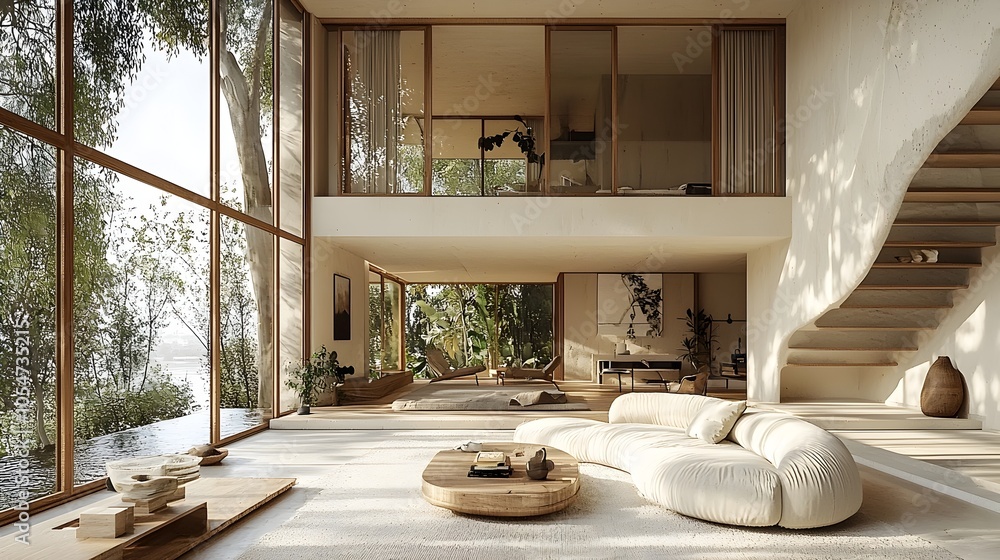 Leinwandbilder tranquil and harmonious open concept living room with sleek glass windows white palette bold curved 