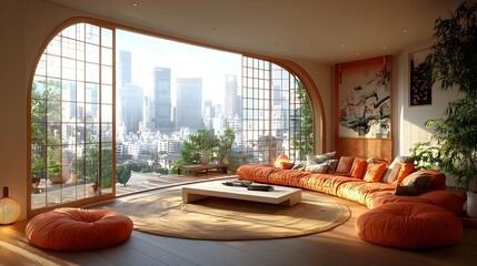 Fototapeta premium Elegant white living room with floor to ceiling glass windows a colorful curved sofa and Japanese inspired decor accents blending modern style with traditional charm and creating a serene cozy