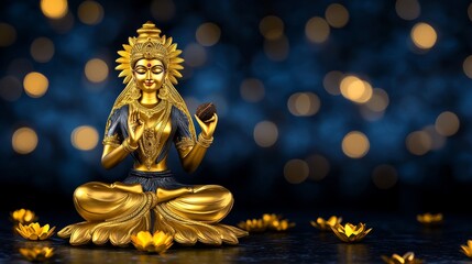 Obraz premium Golden Goddess Statue with Lotus Flowers and Bokeh Lights Hindu Deity Spiritual Meditation Peaceful
