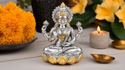 Lakshmi Hindu Goddess Statue with Flowers and Candle Indian Deity Figurine for Home Decor
