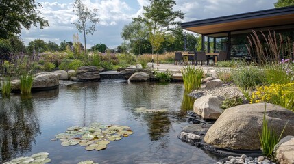 The pond area in the Reflections aquatic garden with planted rockery and outdoor eating