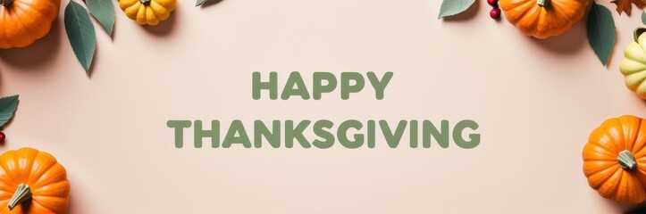 Fototapeta premium Modern happy thanksgiving banner with minimalist pumpkins and leaves, stylish typography, and warm earthy tones. Ideal for digital ads and social media.