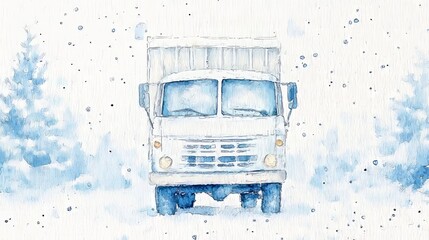 Watercolor painting of a white truck driving through a snowy forest.